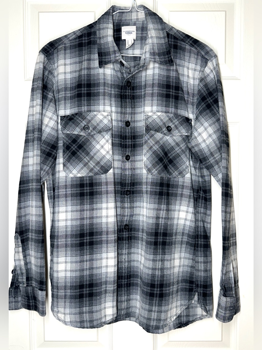 Lands' End Canvas Black and White Plaid Long-Sleeve Button-Down Flannel Shirt